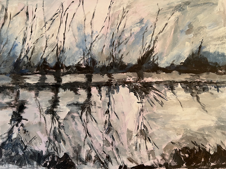 More right brain activities – response to seeing winter reflections. Acrylic paint.