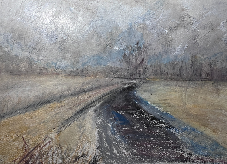 Right brain activity again – quick response to a murky day. Pastels, pencil, inks