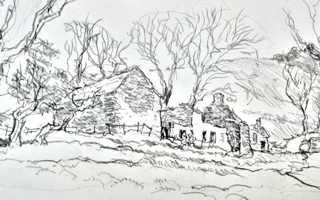 The abandoned farmsteads in parts of Wales make ideal subjects with their crumbling walls ans collapsing rooves. Unfortunately the oil painting that I produced from this sketch was close to a disaster. A new approach will be required. It is really a matter of confidence and i find that with pencil and pen in my hand I have compete confidence but this is not the case when I turn to painting…..yet!