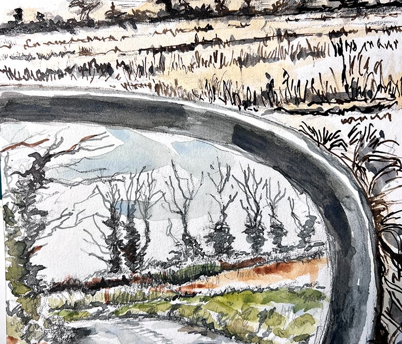 Far too cold for me to sit out and draw/paint so I sat in the car and sketched reflections behind and the winter field ahead. Bit of pencil, ink and watercolour in a small sketchbook.