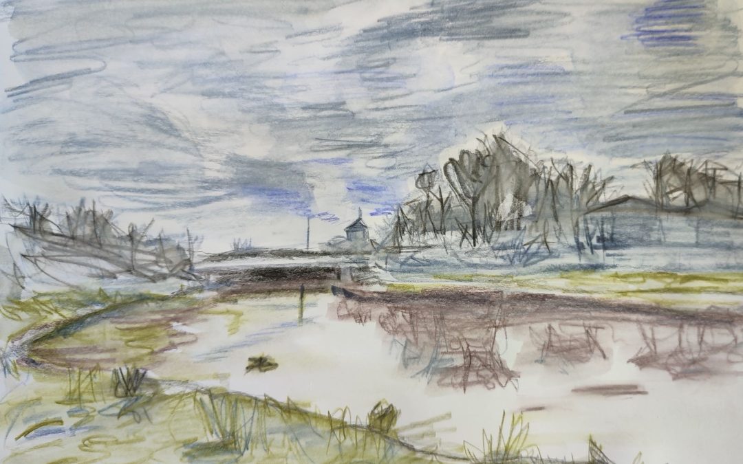 Quick sketch of a very calm river Ouse looking towards Harveys brewery. Derwent Inktense pencils and water.