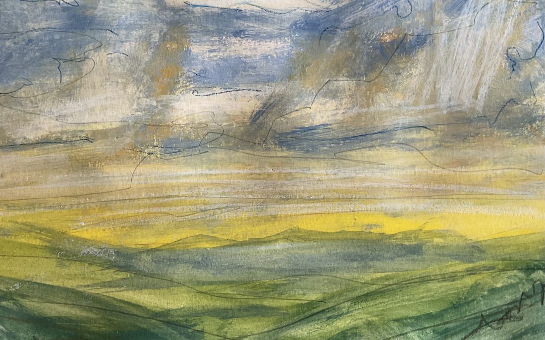 Im on catch up with all the video session but decided to begin at the beginning & enjoy the sketching. This was done in teh chilliness of the morning sat in the kitchen garden looking down teh valley to the mountains,  will-it-or-wont-it-rain clouds over my head. Trying to get a sense of distance and busyness of the sky. Watery gouache painted on & wiped off in places, then pencil & crayon added