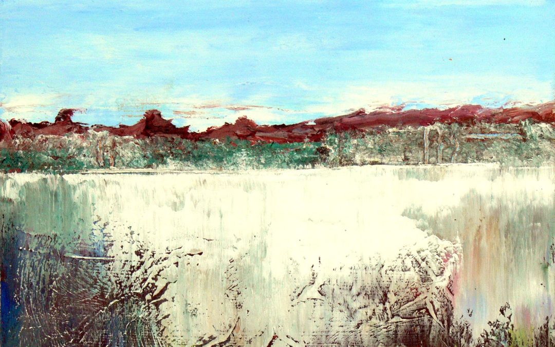 An abstract work using oil and cold wax. View across a reservoir in the North Pennines