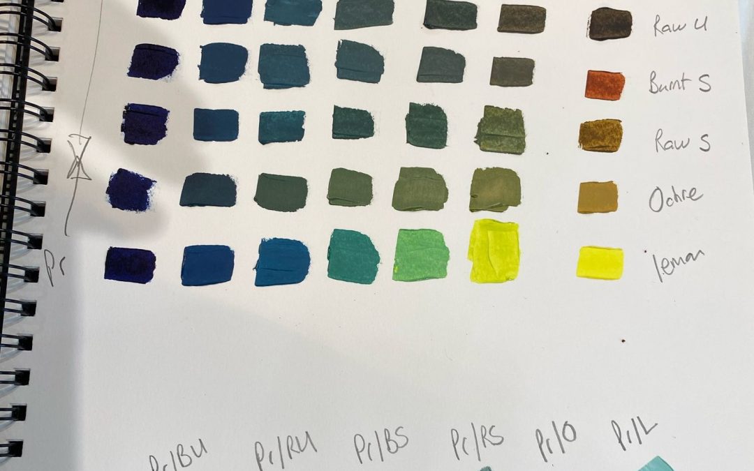 Hello. I’m new to landscape and have learnt a lot from the the colour mixing assignment. Here are some Prussian Blue mixes, which I thought might be good for the sea but I found it quite a powerful colour. There are some ‘extra white’ mixes at the bottom of the page. I then repeated this with Ultramarine, which was a useful comparison.