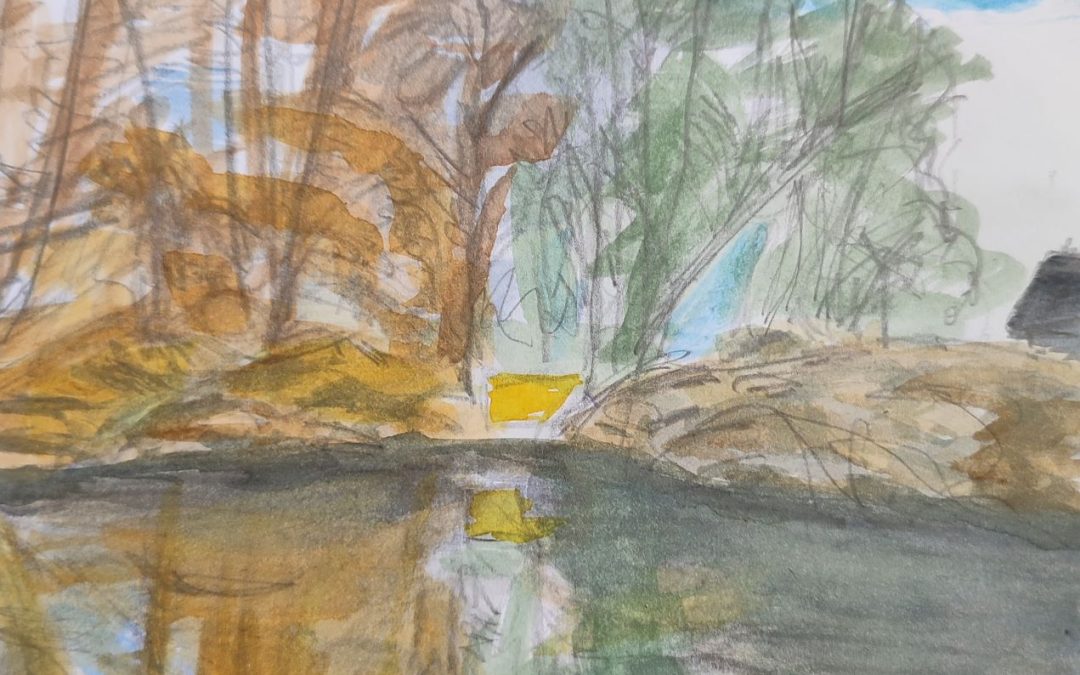 Ditchling pond between the showers – watercolours.