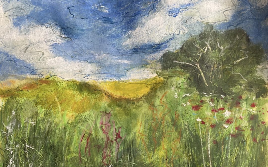 And another Joan Eardley inspired sketch with acrylic and dry pastel…the view through the hedge over the rapeseed to the mountains the more I look at her works the more I love them.  I’m off to play with oil paint later today!