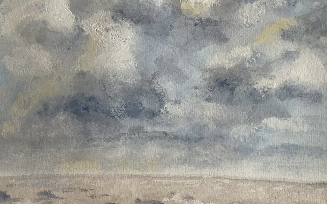 More clouds….. I started with mixing ultramarine, sienna & white to make a colour palette, but became rather sidetracked by the clouds.. Maybe a bit of Edward Seago influence? I love his soft colours..