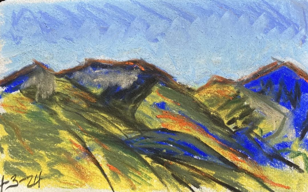 sunny day mountains.  Charcoal, pastel
