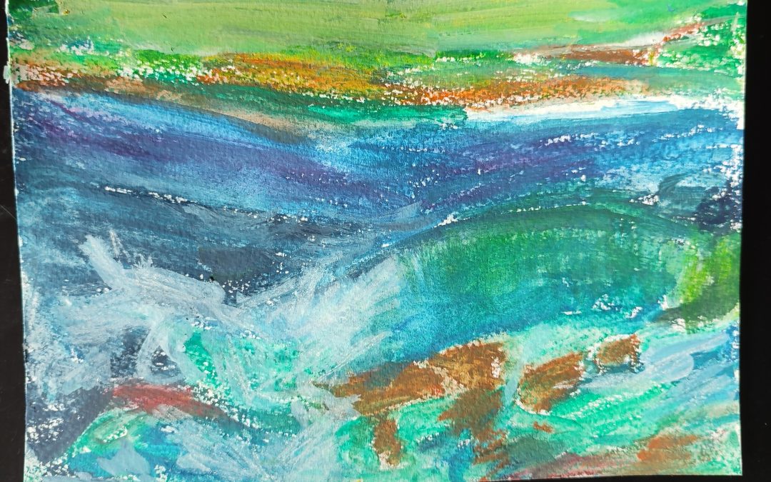 From Joan Eardley’s “Rough Sea”. I have tried using pastels but cannot bear the texture and the sound as they are applied! So this is using Inktense sticks and then a wet paintbrush.