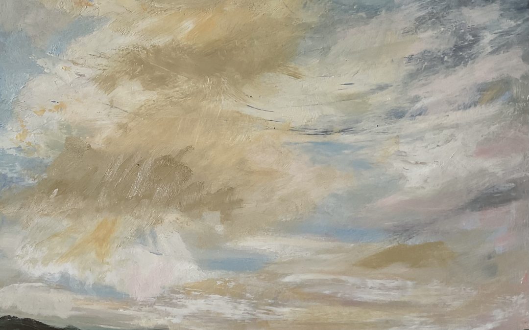 A remembered sky from a far too infrequent trip to the Pyrenees (they’re only an hour from home), a breeze sending clouds skywards in the early evening light. I like the atmosphere of this – the light pooling on the landscape, the hazy mountains receding into the distance.  I think the land is more successful than some of my  earlier paintings, and I like the sweep of couds against the darkening sky and the texture of the sky.  But….I’m not convinced by the tonal qualities of the main clouds, I still struggle with this ( must spend a week just mixing colours & playing),  and I still feel I’m timid with brush marks & quantity of paint for the big clouds where I think it needs to be bolder. It doesn’t quite have the fullness & luciousness that I’d like…hope you understand that?