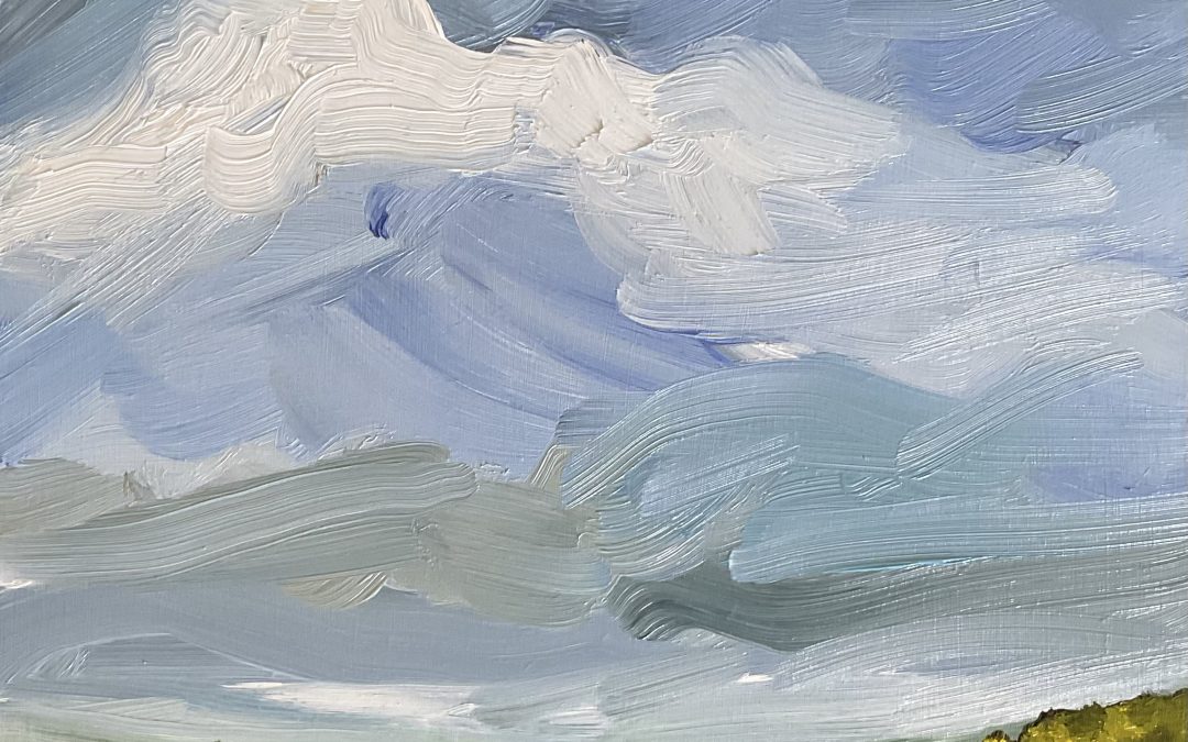I’ll get around to summer sketching once the rain stops – so much for SW France blue skies – near permanent rain!! So…here’s a small painting in oil on sealed & primed MDF – 20x20cm. Trying to be bold with brush & use a lot of paint –  I have chased the oil paint around on this surface for what feels like forever, it’s stopped raining so I’m off outside & will give up painting (permanently…..well maybe until tomorrow)