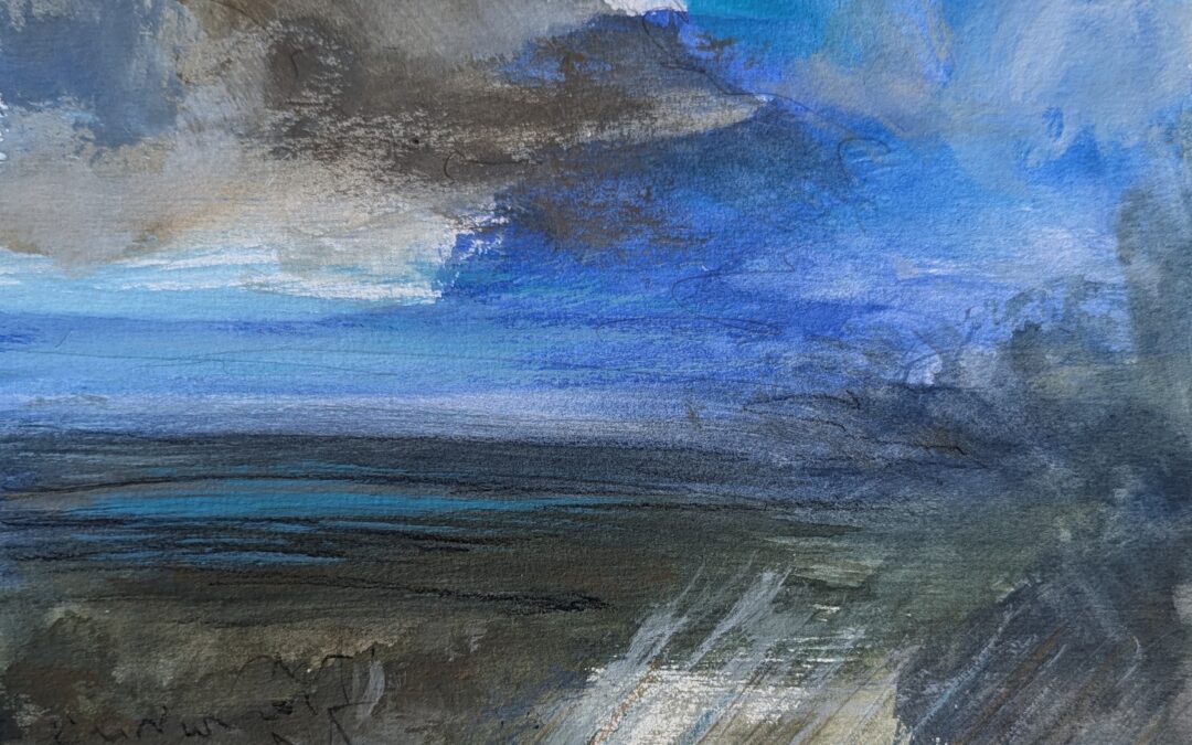 Taking a break from ‘painting’ is being good…I’m enjoying the daily quick sketching of life around my patch of France.  Early morning wander with dogs rootling in the harvested fields, red legged partridge, startled blackbird, liquid song of the oriole, cooler breeze shifting clouds making way for searing heat.. gouache is easy to transport on morning walks