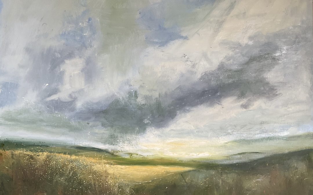 A painting I’ve had sitting about for a while now – 80x60cm oil canvas board .  I tried using much thinner oil paint and paint in layers (eurgh,  waiting for layers to dry but not really sure if I need to wait for them to dry). I think I like the colour tones of the stormy sky and the concentration of glowing light in the centre – but you can probably see that I really didn’t know what to do with the foreground – at the time it was barely visible in teh lowering light. My instinct was to leave the foreground indistinct to draw the eye to the lowering sun, light flooding the field & the drama of those clouds. But…