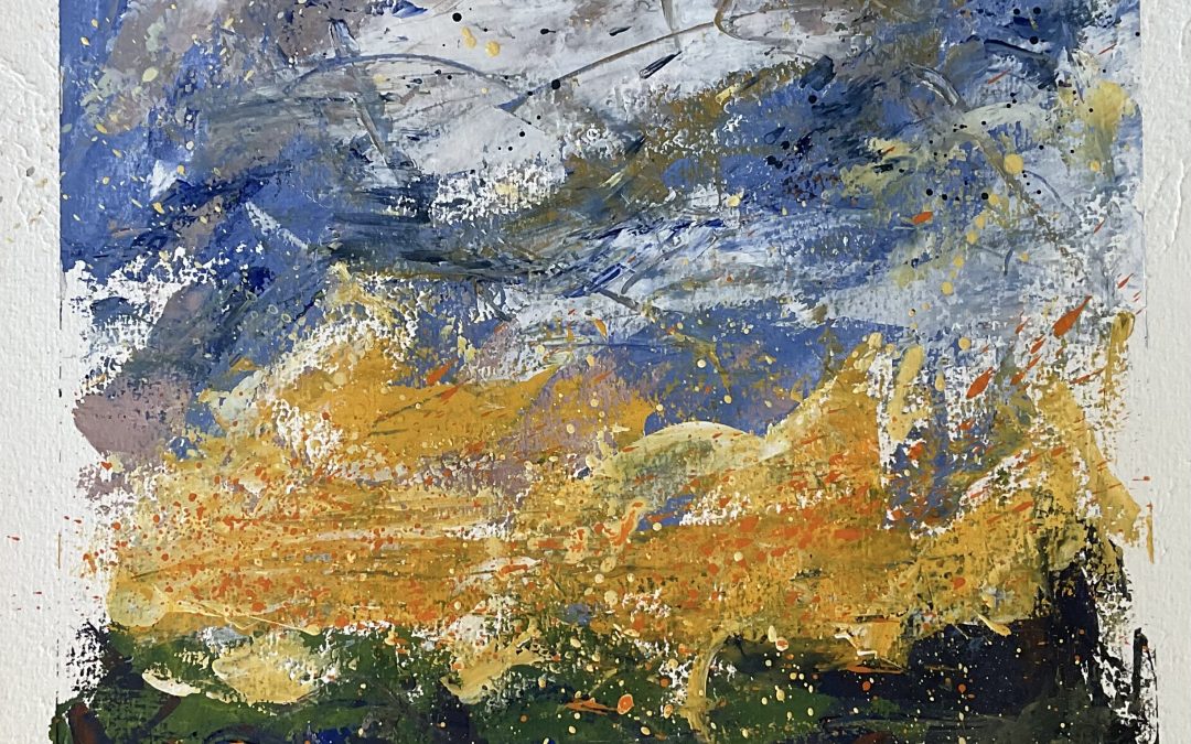 A fun half an hour with  5 yr old grandson helping me sketch the morning light over the fields. We’ve both decided that we like gouache paint even though it dries in a heartbeat on the end of palette knife – dipping the knife in the river water helped apparently ( we got very wet &  splattered with morning sparkle). I think I might do a lot more one-eyed collaborating with him over the holidays