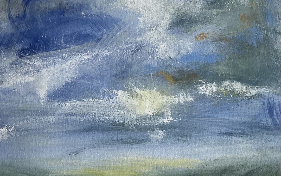 Early mornings are the only time to be able to get out & sketch, it’s a very stinky 38 degrees this afternoon, 44 degrees promised for next week..  Anyway, another rapid one in gouache without the added assistance of small boy! Trying to capture the coolness of the morning and the busy clouds & sunflower field all before the heat grows. It’s on OK sketch but I think there’s a something not quite there…maybe it’s the lemony yellow of the skyline that’s the problem