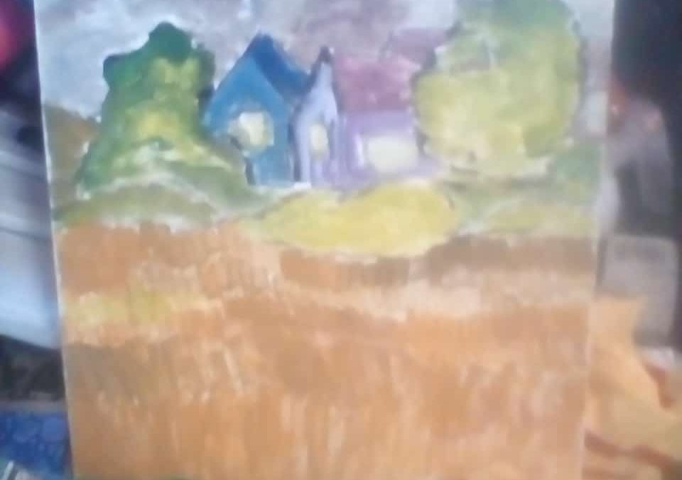”view on pharoahs mound”…my first plein air expedition. i’m looking up from my mobility scooter. it was tiring but i was so happy i did it.my sketches were just in pencil i did take the colours but was too rushed to even paint. this is the finished painting. it reminds me of van Gogh. do let me know what you think of it louise.thank you.