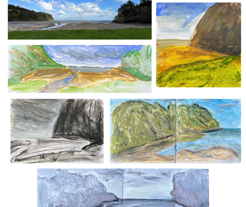 I’ve finally completed my first assignment (‘September 2023 – Drawing in the landscape’)!

I went to Titirangi Beach, which is a small, calm beach near where I live in West Auckland, New Zealand. 

I did the sketches on two separate days. On the first day, I went in the late afternoon. It was raining on and off, and it got very cold, so I only managed to do three. I went back another day (again in the late afternoon) and managed to do two more.

I really enjoyed using multiple media on each image, which isn’t something I’d normally do. Across the five sketches, I used different combinations of watercolour, white gouache, water-soluble pencil, compressed charcoal, Golden High Flow acrylics, Derwent XL sticks, and brush pens (black and grey). 

I’d never used gouache, Golden High Flows, or the Derwent XL sticks before.

I loved using the Derwent sticks—and brushing water onto some of the media (Derwent sticks, charcoal, and brush pens).

All in all, a lot of fun!

Note: The reference image, which I think I took with a slight fisheye setting on my phone, makes everything look further away than it was.