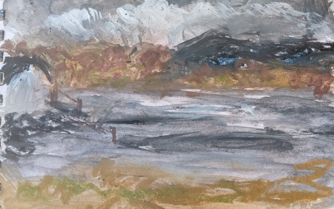 Watercolour & XL charcoal  with the hills in the distance, love out sketching in all weather.  Thanks Louise for giving me the knowledge on the various media to use.