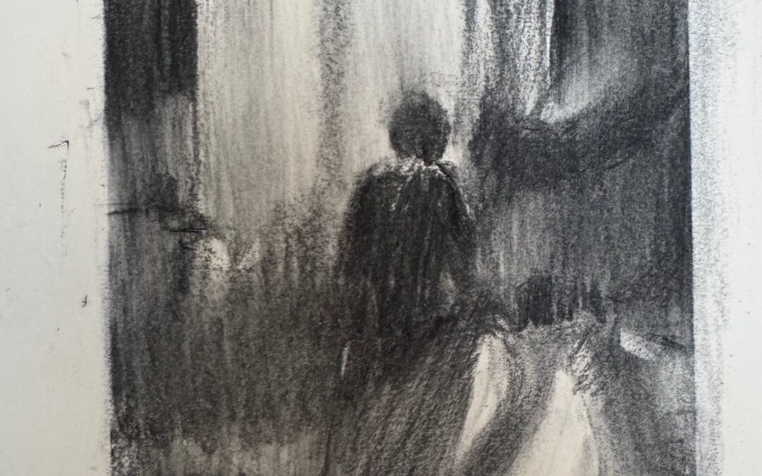 Thinking about content and composition; after various sketches, focussing on the figure and the immediate shapes of light and tone is really what I wanted to show.