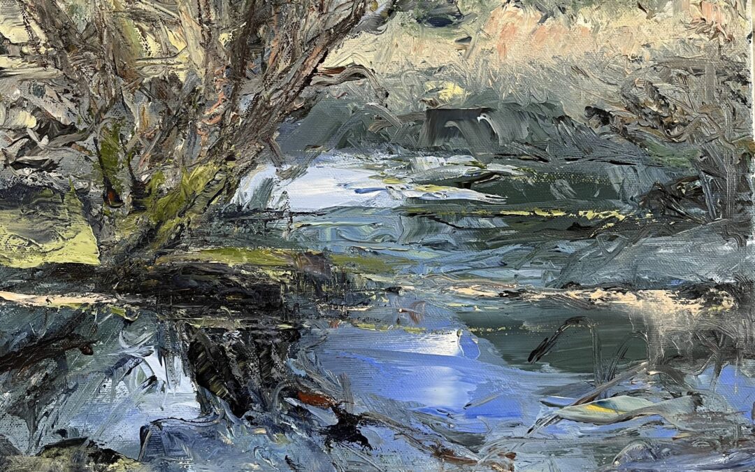 Oil painting from sketch of trees in floodwater. I worked without looking at my sketches