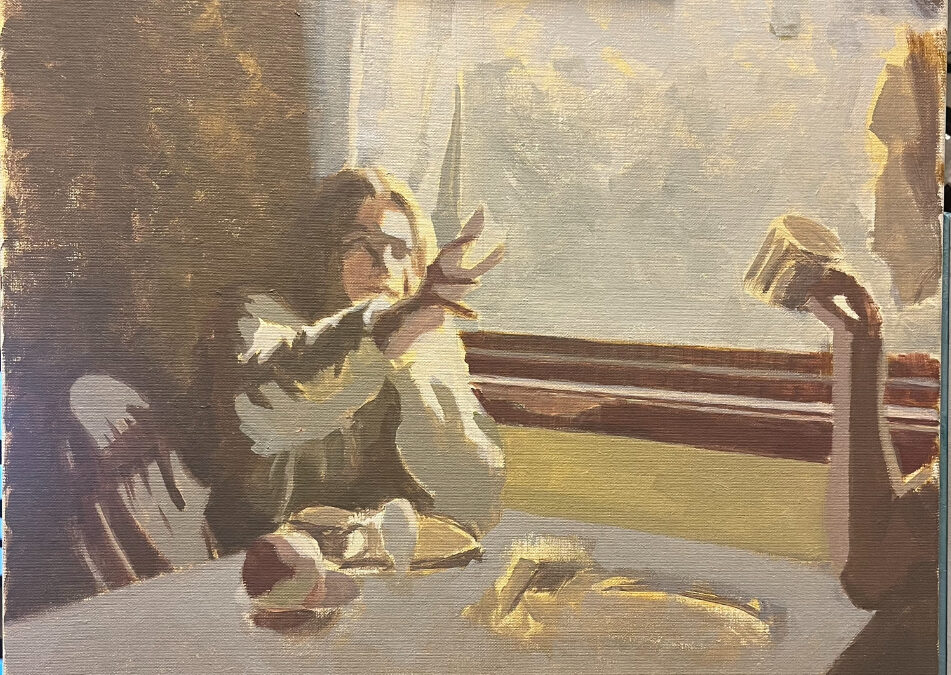I am working on a value study for the painting of the breakfast scene. Instead of continuing to work on the large painting, I want to start a smaller study/copy and test out changes. I want to focus on compressing the value scale and limit the color palette. I hope this can help harmonize the design. I have compressed the image into only three values and I want to try to not go to dark in the darkest darks and rather try to make the shadows interesting in a way. In other words…. I have a lot of work to do :)