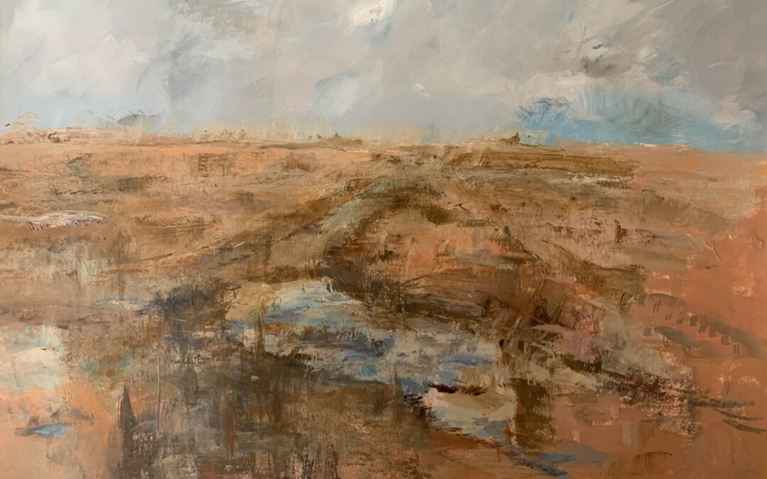This is the development of a painting of the sky and land in Suffolk where I have moved the horizon and worked on the movement and colours in the foreground, trying to keep the mark making fresh.