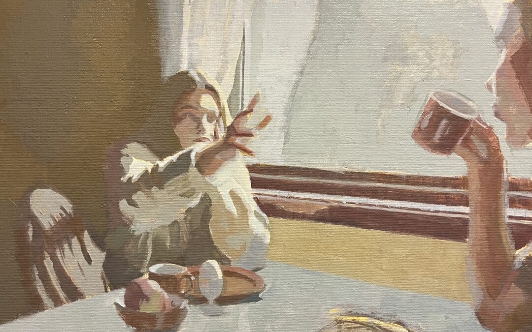 This study is three values and I was hoping that doing it would help me get unstuck on the larger painting of the same scene. I tried to be mindful about what is in light and shadow in the composition, keep bright colors out and rather make contrast in changing temperature. I would love input on how this reads to you and where I can go with it further