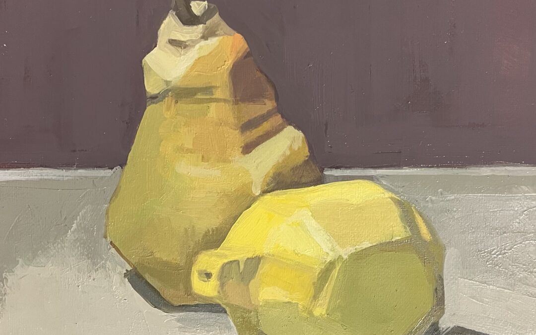Lemon/pear

I wanted to paint a still life and focus on the values. I have tried to limit to a range of four values. I wanted to work on not overworking :) but that is a challenge. The fruit is made from clay. I would love tips on how to make still life more interesting and how you approach painting still life