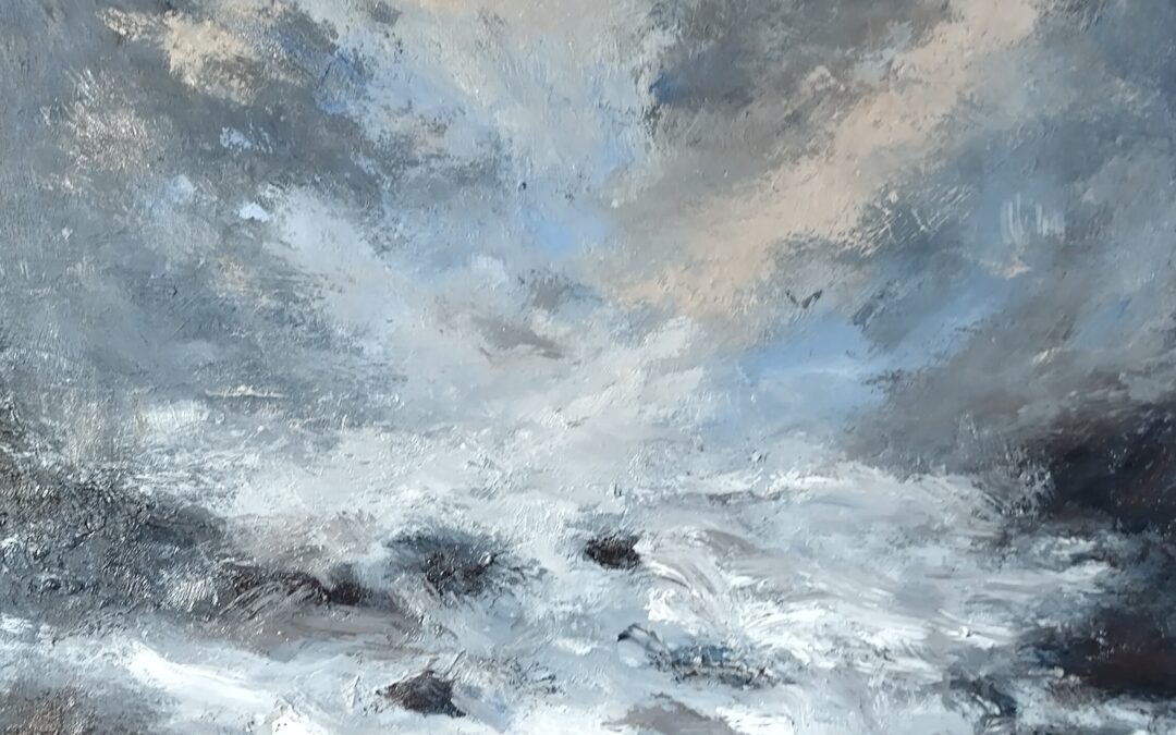Oil painting on gesso wood panel from a sketch I had done previously, but as  the 
painting progressed it took on life of its own .We had a severe storm here ,it seems 
to have manifested  in my painting.
