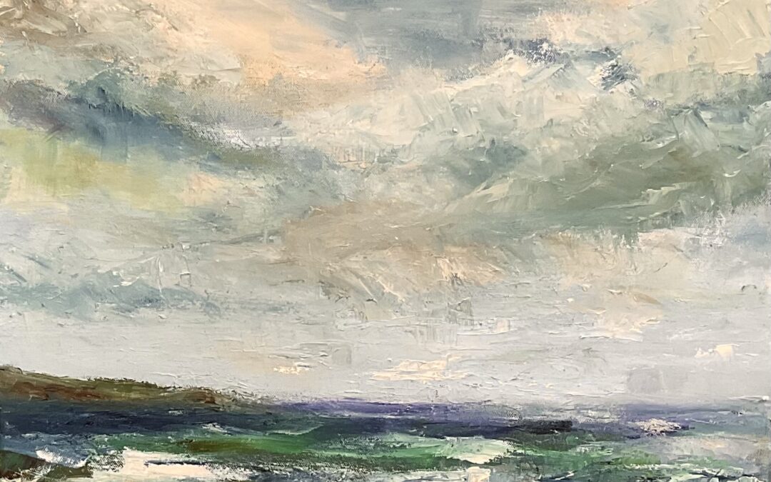 Maine Seascape.  this a re-painting of one that i submitted to Louise for feedback.  It may not be perfect, but i am so much happier with it now.  Many thanks Louise!   I re-painted all in one go, very quickly, mostly with a knife.  Lately i have been using a pallet knife more often.  Maybe I just don’t  like washing brushes!  But i do like how  the knife pushes paint around.  Does anyone else work with a pallet knife ?  it’s a new skill for me.