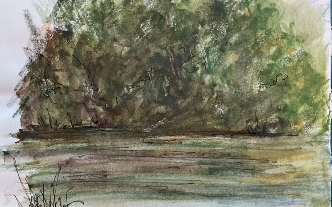 Rapid watercolour pencil sketch of the riverside
