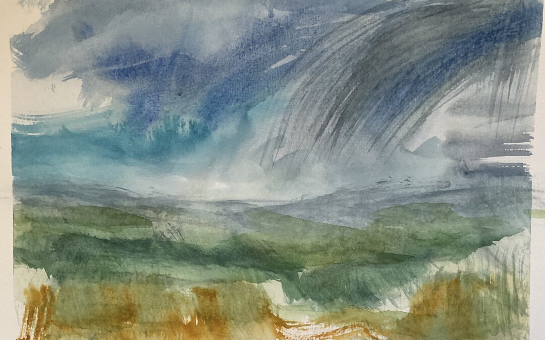 Another from the morning sketching the view down the valley. It was a good few hours exploring watercolour & finding out how I cope with it. Really fascinating finding different ways to interpret the same view at different moments. I managed to paint rather a lot of these and whiled away a good few hours playing & investigating; how wet to make the paint, wet the paper first – or not, intensity of colour, how the paint bleeds & makes a mess,  and so much more. I’m thinking that watercolour will be good to take sketching, to use on its own or to add to my usual watersoluble crayons , pencils & charcoal.