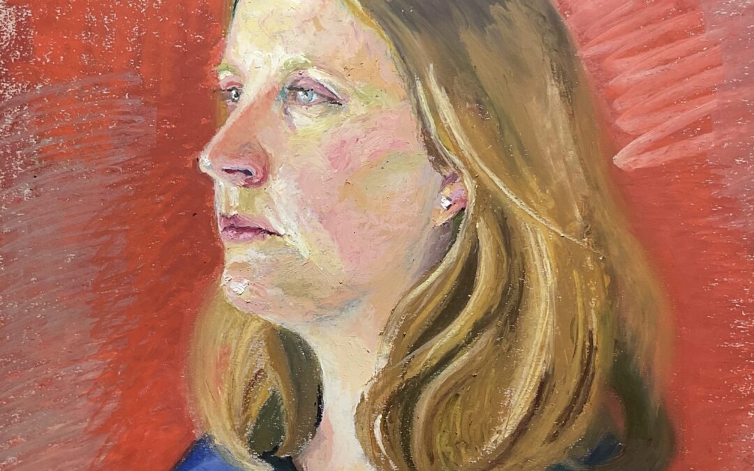 I enjoyed creating this portrait immensely, particularly trying to build up the complexity of the pastel in the face. In doing so I think I lost my way in other areas. The backdrop is a curtain and I initially sketched in value to loosely indicate the folds, having decided that this added to much detail I scraped it off and started again and again, each attempt ending up more overworked than the last.