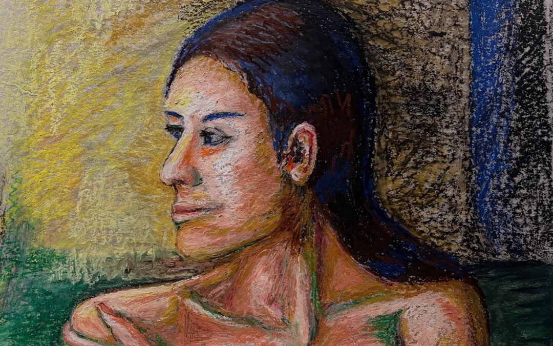 I found this exercise challenging spending 4 separate sessions adding, scraping back, adjusting. The overall shape of the head, lips/chin balance looks off to me. I was trying not to use brown so much as Samir suggested in my last feedback whilst connecting elements of  the green and blue in both the portrait and background. I feel I am just beginning to grasp this medium and how to apply the layers in subtle ways to suggest form rather than making it obvious.