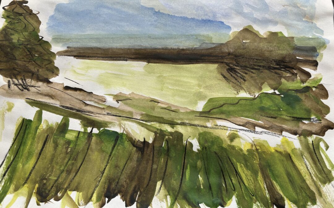 A sketch using ink and charcoal pencil on paper. View across countryside in South Queensferry.