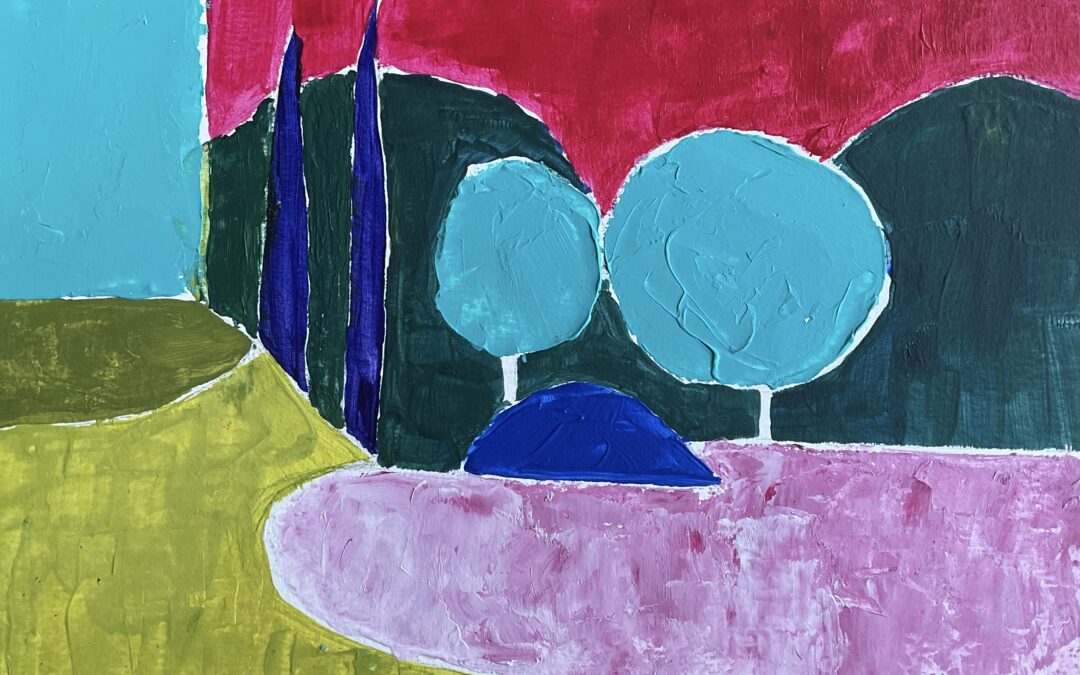 Composition thoughts…..thanks Louise for this video – it certainly made me realise that I never seem to pay much attention to this – I still have a lot to learn! With shapes in mind I had a stroll through the internet looking at paintings & stumbled across Nicolas de Stael. So, between you & NdS I was inspired to take several wanders around the garden & fields with sketch book breaking down the landscape into shapes. Here’s one of the many (Elliot’s blue tent in the olives), & it’s going to be interesting to see how this will seep consciously or subconsciously into my next paintings because it was fascinating & fun & helpful, although I don’t think I’ll make the shapes & colour quite so dramatic…