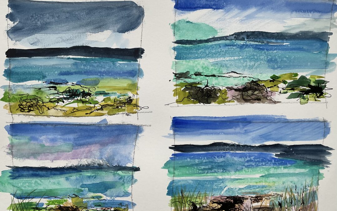 Composition again…I’ve recently been sketching a lot around lakes & rivers. Interesting to get back home & look at them for horizontals (lots) and triangles ( a few) and diagonals ( a few).  So interesting looking at landscapes as a series of shapes