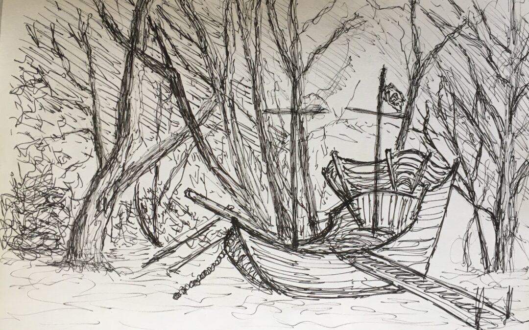 This is a quick sketch in marker pen of a childs playground pirate ship amongst mature willow trees beside the river Stour.
I did another using derwent graphite, and another in watercolour and another with a dip pen and indian ink.
So today, from memory my task is to paint the scene using right brain mode, ( except I’m left handed, so it may be left brain ??)
Wish me luck,