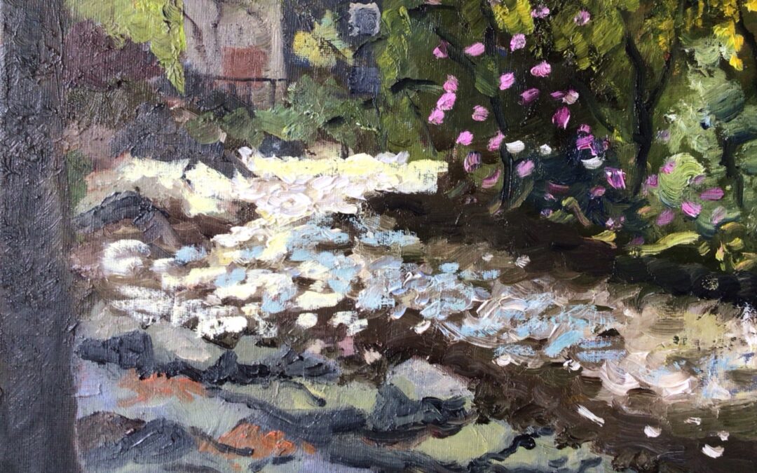 Just returned from a wet and windy week painting in Snowdonia with 60 fellow artists. Here is my rendition of the fast flowing river at Betwys Y Coed, started in the rain, but warmed up later. Again energy and rapid movement is what I tried to portray. Loved the Rhodedendrons on the far bank. Size 12” x 10” 2 hours approx.