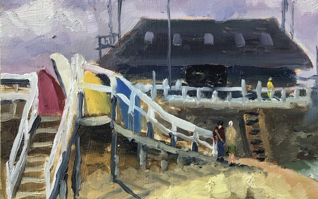 Here is Tuesday’s plein air at our local harbour. Its oils and size 14” x 10”,  and a bit rough and ready. I was attracted by all the white timber railings, with the colourful boats standing up beyond.
It is only a sketch, but I am not sure whether to tidy up the railings or leave them as they are?