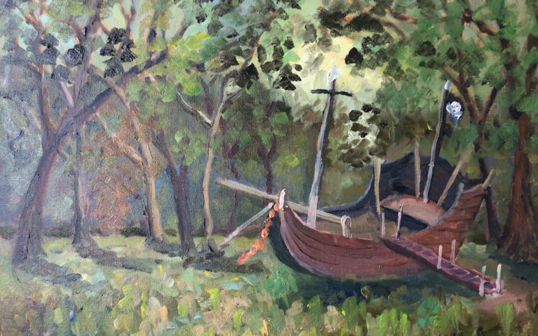 This is my studio oil painting I made just using earlier sketches and a watercolour. See previous image.
It shows the childrens pirate ship, set beside the willow trees, on the banks of the river Stour, at a nearby country park. 
I usually paint ‘en plein air’ so this was a new departure for me. I’m not excited by the composition and the lack of quick rapid mark making, so will need to practice working in the studio a lot more.