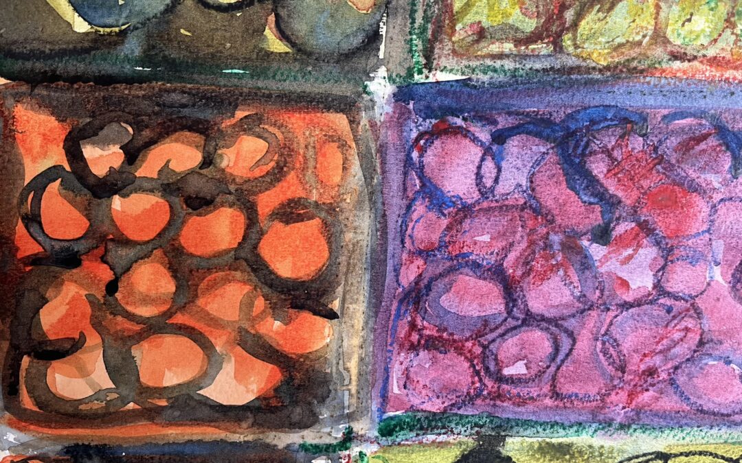 Colour experiment with watercolour trying to get maximum intensity  by juxtaposing saturated / unsaturated / complementary colours.