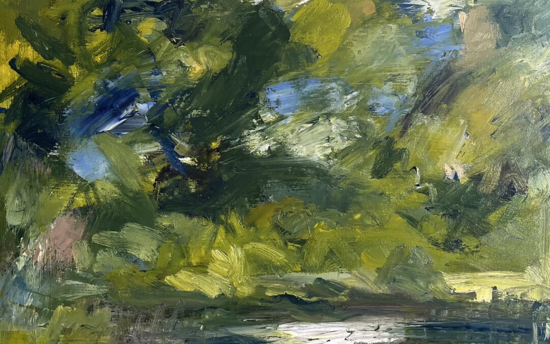 This is the latest of my River paintings from sketches on the same spot. 60 x 60 oil on canvas. I notice they are getting looser which I hope is progress. My aim has been to get depth by juxtaposing complementary colours and also to get values right