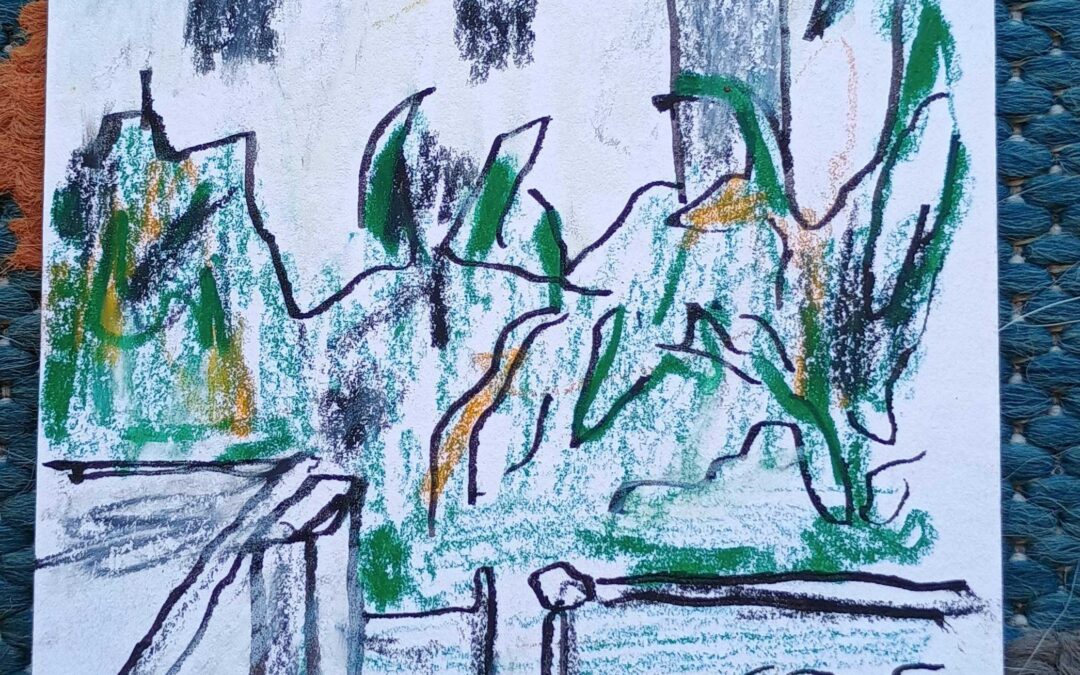 Pen and Caran D’Ache Neocolor crayons.

My watercolors were not accessible so the neo colors had to suffice.

With buildings I feel a strong need to develop my perspective skills.