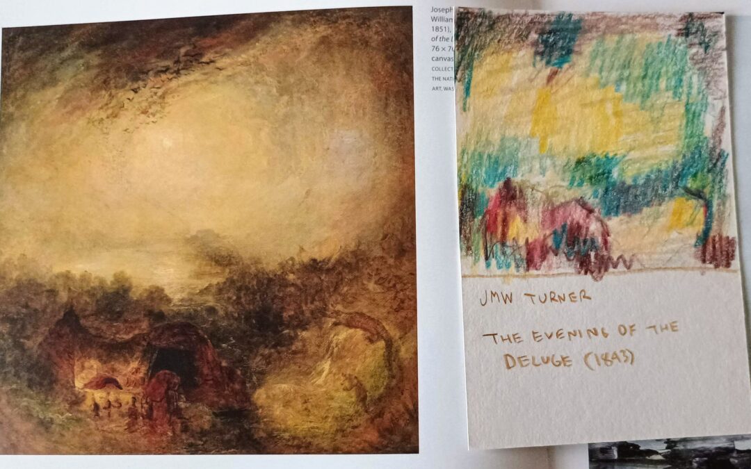 This was my first attempt at copying inspired by the October 2023 lesson. Working from Turner’s Evening of the Deluge. Some challenges with the colored pencils matching and blending colors. Wanted to keep it fresh but it feels a bit amorphous. Maybe I need to start just working with black and white or grayscale?