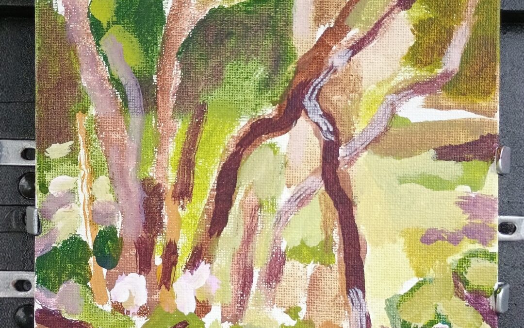 Went to a Painter’s group at a local art center this morning.  Painted in the sculpture garden.  6″ x 8″ in acrylic.