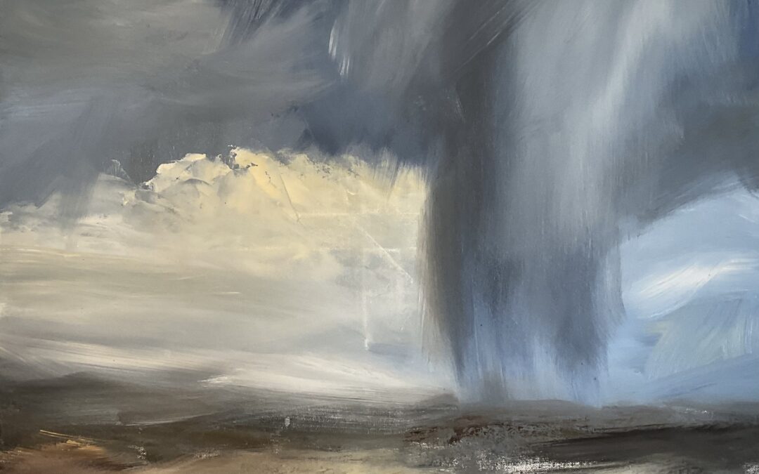 Here’s one that was painted in about 20 mins with a 6 year old helping. There are elements that i really like about it – the drama of the cloudburst and teh light behind. There are some broad brush marks in teh foreground that I like, the colours are maybe a bit limited? Argh, this is had turned into one that I have no idea what else to do with except paint over it! A painter friends is trying to stop me from doing anything to it & leaving it alone, but to me it looks unfinished & tooo blue! I’d love some help please – paint over it or leave it?
