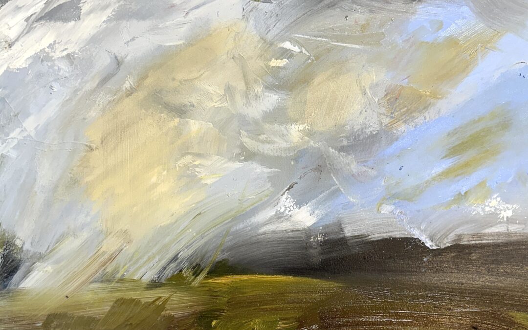 Moving on to a finished painting: second pass. Briefly, the green areas in the sky were de-emphasised but retained; the vertical brush marks on the left were removed and the sky was given more tonal range. I attempted to use a right brain approach when making the changes although I probably lapsed back into my usual thinking mode now and again.  The marks in the sky tend to be in one direction and I’m still deciding how to add variety to that. Many thanks Louise and others for very useful feedback.