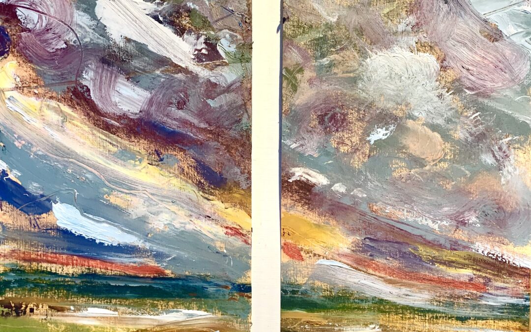 I experimented with a diptych format using 3 core colours  to see what might emerge. Seemed to enhance the dynamic effect of the brushwork in refreshing and unforeseen ways. Might consider changing the foundation colours to narrow the colour range a bit though..