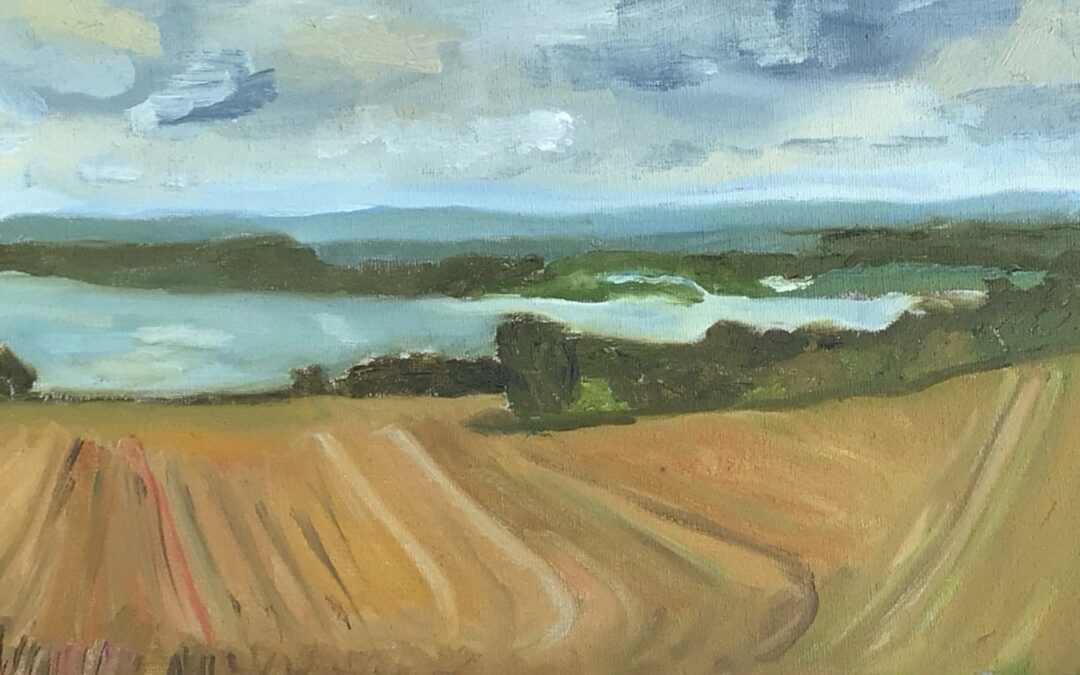 Due to the continued warm weather, I have been painting out doors most days, all summer and confess to only sketching occasionally recently.  I have travelled to Ireland, Wales and Devon, and shortly have a week painting in Cornwall. 
In the meantime here is a quick oil landscape of a bay near my studio. 
I promise to get back to the course soon.